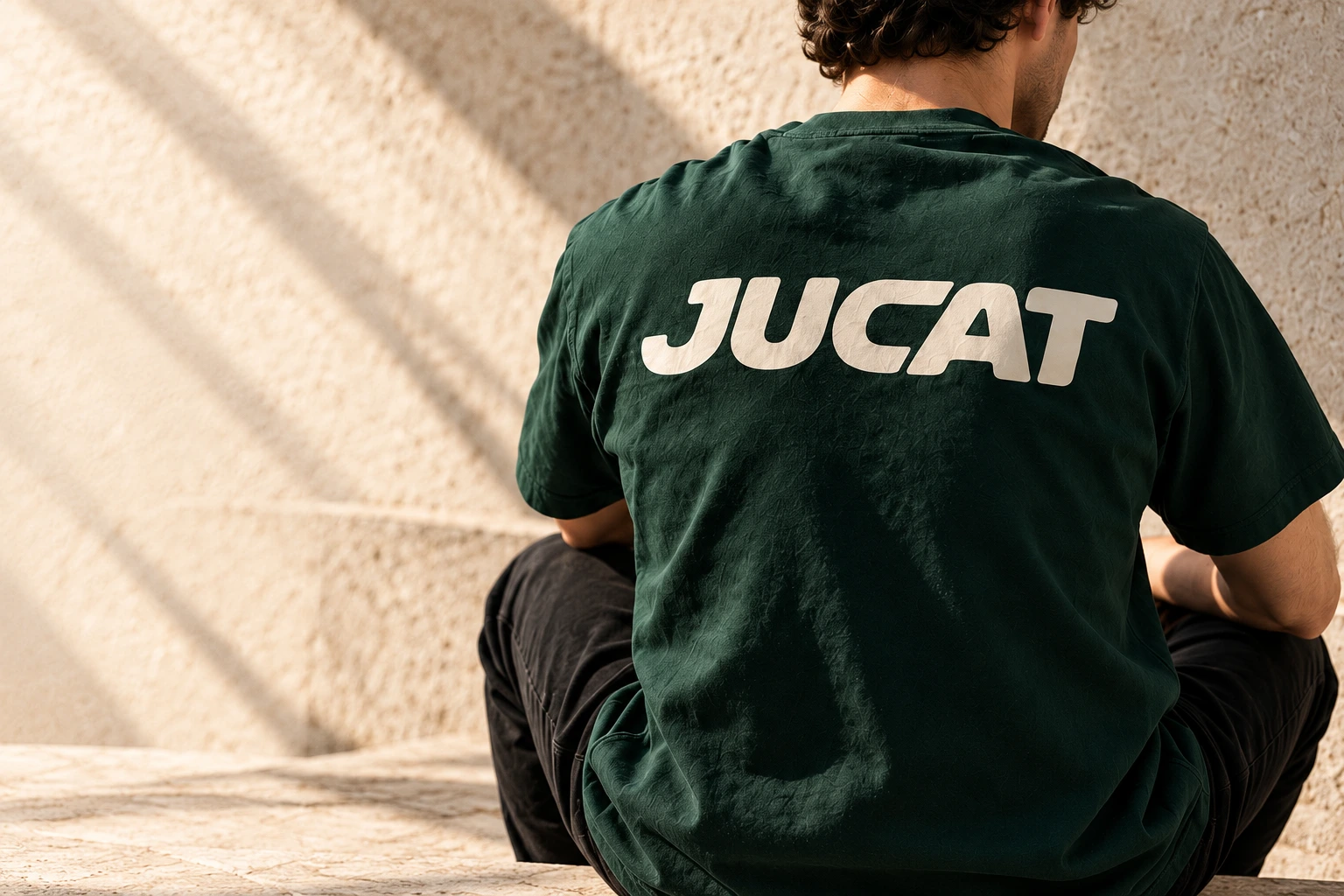 Tricou verde JUCAT, purtat cu wordmark-ul ivory pe spate